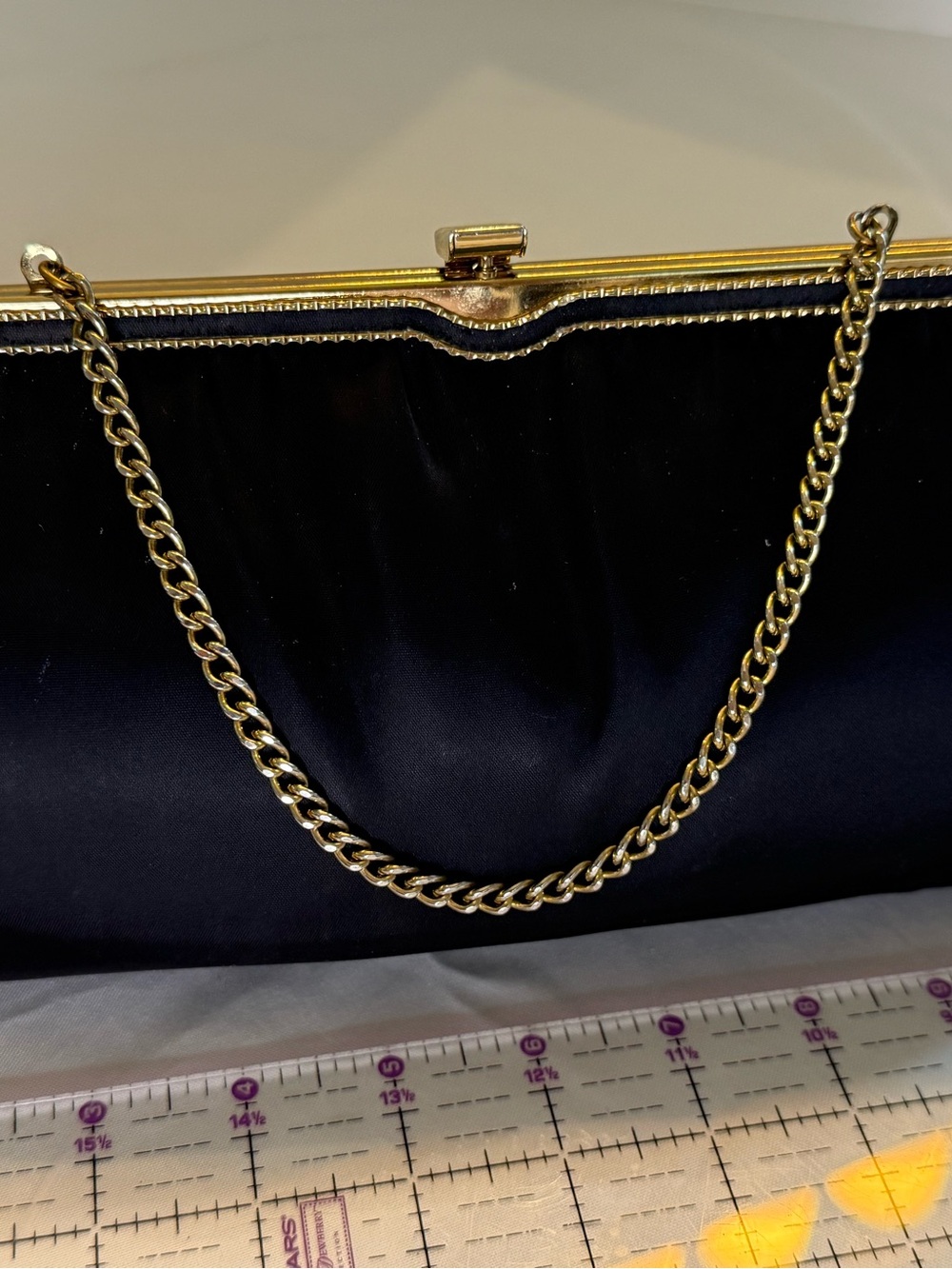 Ande Classic Black Satin Evening Clutch with Gold Chain vintage 1950